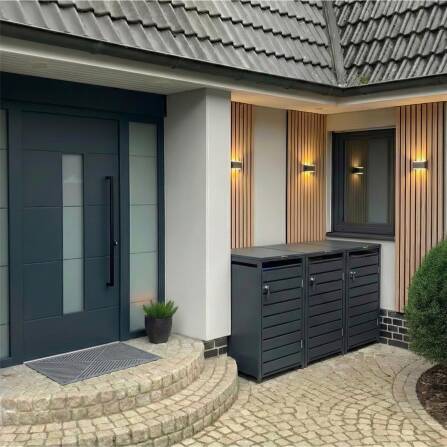 Metzler Mülltonnenbox | 3er | 240l | Anthrazit RAL 7016 | aus Stahl | mit Sichtstreifen | rostfrei & massiv | Türgriff mit Schloss