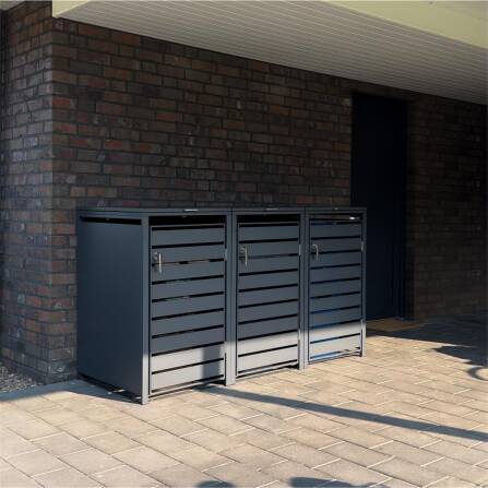 Metzler Mülltonnenbox | 3er | 240l | Anthrazit RAL 7016 | aus Stahl | mit Sichtstreifen | rostfrei & massiv | Türgriff mit Schloss