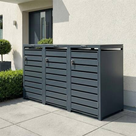 Metzler Mülltonnenbox | 3er | 240l | Anthrazit RAL 7016 | aus Stahl | mit Sichtstreifen | rostfrei & massiv | Türgriff mit Schloss