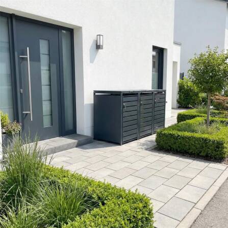 Metzler Mülltonnenbox | 3er | 240l | Anthrazit RAL 7016 | aus Stahl | mit Sichtstreifen | rostfrei & massiv | Türgriff mit Schloss