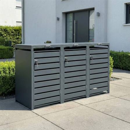 Metzler Mülltonnenbox | 3er | 240l | Anthrazit RAL 7016 | aus Stahl | mit Sichtstreifen | rostfrei & massiv | Türgriff mit Schloss