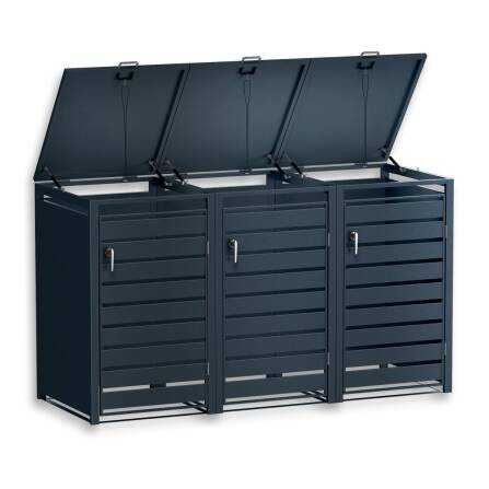 Metzler Mülltonnenbox | 3er | 240l | Anthrazit RAL 7016 | aus Stahl | mit Sichtstreifen | rostfrei & massiv | Türgriff mit Schloss