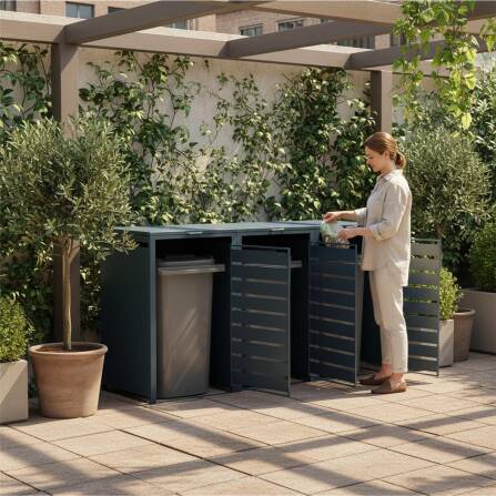 Metzler Mülltonnenbox | 3er | 240l | Anthrazit RAL 7016 | aus Stahl | mit Sichtstreifen | rostfrei & massiv | Türgriff mit Schloss