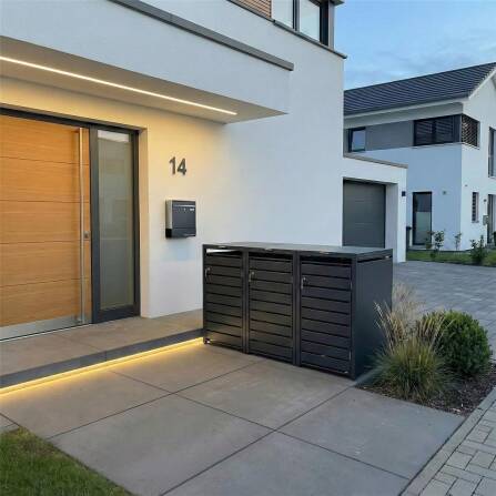 Metzler Mülltonnenbox | 3er | 240l | Anthrazit RAL 7016 | aus Stahl | mit Sichtstreifen | rostfrei & massiv | Türgriff mit Schloss