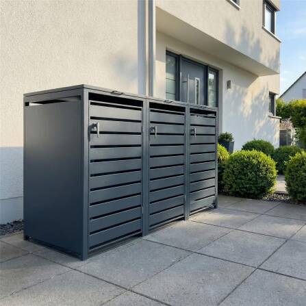 Metzler Mülltonnenbox | 3er | 240l | Anthrazit RAL 7016 | aus Stahl | mit Sichtstreifen | rostfrei & massiv | Türgriff mit Schloss