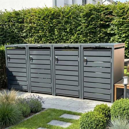 Metzler Mülltonnenbox | 4er | 240l | Anthrazit RAL 7016 | aus Stahl | mit Sichtstreifen | rostfrei & massiv | Türgriff mit Schloss