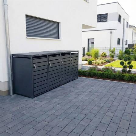 Metzler Mülltonnenbox | 4er | 240l | Anthrazit RAL 7016 | aus Stahl | mit Sichtstreifen | rostfrei & massiv | Türgriff mit Schloss