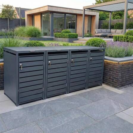 Metzler Mülltonnenbox | 4er | 240l | Anthrazit RAL 7016 | aus Stahl | mit Sichtstreifen | rostfrei & massiv | Türgriff mit Schloss