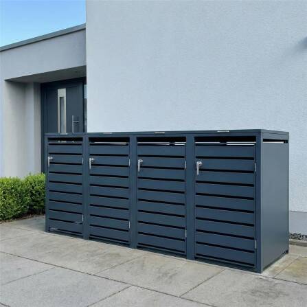 Metzler Mülltonnenbox | 4er | 240l | Anthrazit RAL 7016 | aus Stahl | mit Sichtstreifen | rostfrei & massiv | Türgriff mit Schloss