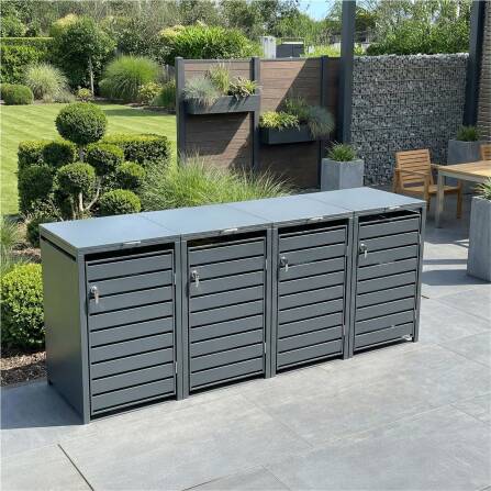 Metzler Mülltonnenbox | 4er | 240l | Anthrazit RAL 7016 | aus Stahl | mit Sichtstreifen | rostfrei & massiv | Türgriff mit Schloss