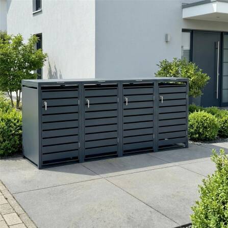 Metzler Mülltonnenbox | 4er | 240l | Anthrazit RAL 7016 | aus Stahl | mit Sichtstreifen | rostfrei & massiv | Türgriff mit Schloss