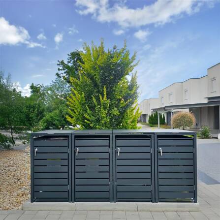 Metzler Mülltonnenbox | 4er | 240l | Anthrazit RAL 7016 | aus Stahl | mit Sichtstreifen | rostfrei & massiv | Türgriff mit Schloss