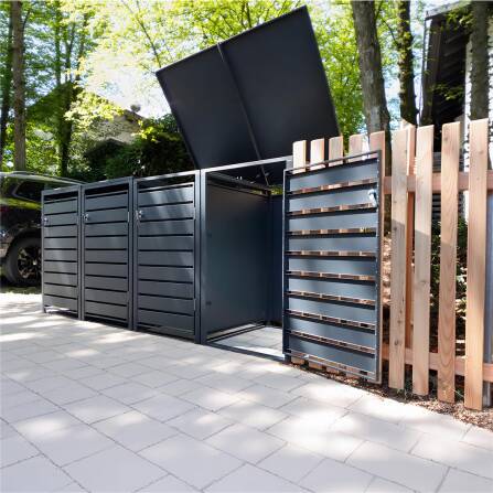 Metzler Mülltonnenbox | 4er | 240l | Anthrazit RAL 7016 | aus Stahl | mit Sichtstreifen | rostfrei & massiv | Türgriff mit Schloss