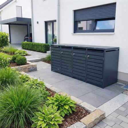 Metzler Mülltonnenbox | 4er | 240l | Anthrazit RAL 7016 | aus Stahl | mit Sichtstreifen | rostfrei & massiv | Türgriff mit Schloss