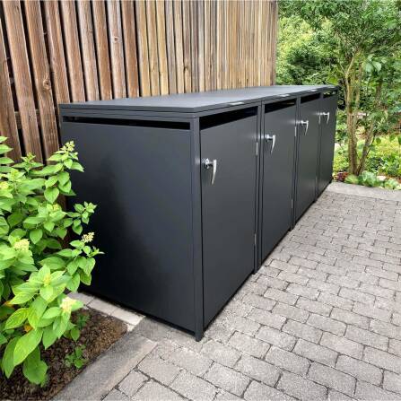 Metzler Mülltonnenbox | 4er | 240l | Anthrazit RAL 7016 | aus Stahl | rostfrei & massiv | Türgriff mit Schloss