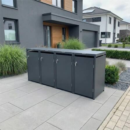 Metzler Mülltonnenbox | 4er | 240l | Anthrazit RAL 7016 | aus Stahl | rostfrei & massiv | Türgriff mit Schloss