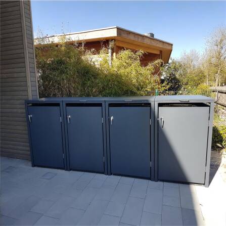 Metzler Mülltonnenbox | 4er | 240l | Anthrazit RAL 7016 | aus Stahl | rostfrei & massiv | Türgriff mit Schloss