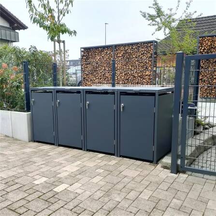 Metzler Mülltonnenbox | 4er | 240l | Anthrazit RAL 7016 | aus Stahl | rostfrei & massiv | Türgriff mit Schloss