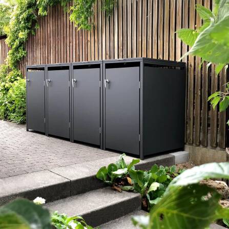 Metzler Mülltonnenbox | 4er | 240l | Anthrazit RAL 7016 | aus Stahl | rostfrei & massiv | Türgriff mit Schloss