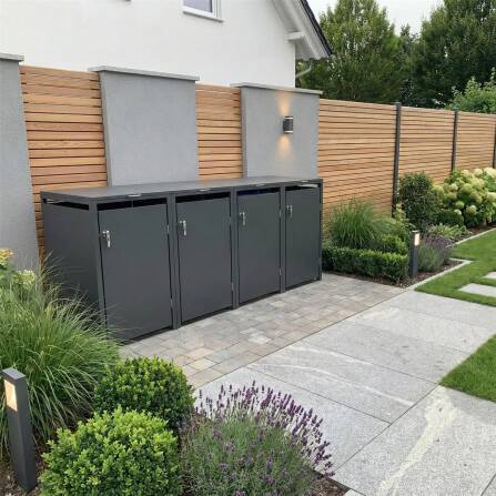 Metzler Mülltonnenbox | 4er | 240l | Anthrazit RAL 7016 | aus Stahl | rostfrei & massiv | Türgriff mit Schloss