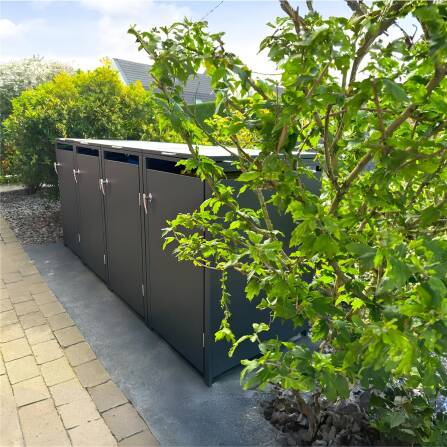 Metzler Mülltonnenbox | 4er | 240l | Anthrazit RAL 7016 | aus Stahl | rostfrei & massiv | Türgriff mit Schloss