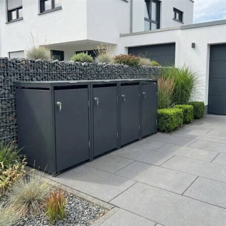 Metzler Mülltonnenbox | 4er | 240l | Anthrazit RAL 7016 | aus Stahl | rostfrei & massiv | Türgriff mit Schloss