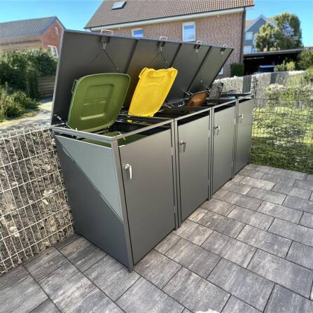 Metzler Mülltonnenbox | 4er | 240l | Anthrazit RAL 7016 | aus Stahl | rostfrei & massiv | Türgriff mit Schloss