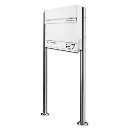 Metzler Standbriefkasten | Standfuß aus Edelstahl | mit Lasergravur | RAL 9016 Verkehrsweiß | Hermann
