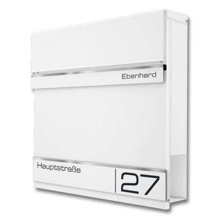 Metzler Standbriefkasten | Standfuß aus Edelstahl | mit Lasergravur | RAL 9016 Verkehrsweiß | Hermann