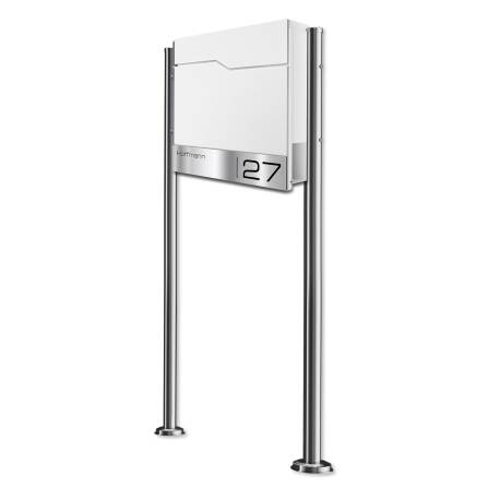 Metzler Standbriefkasten mit Edelstahl-Namensschild und Edelstahl-Ständer | RAL 9016 Verkehrsweiß | Enno