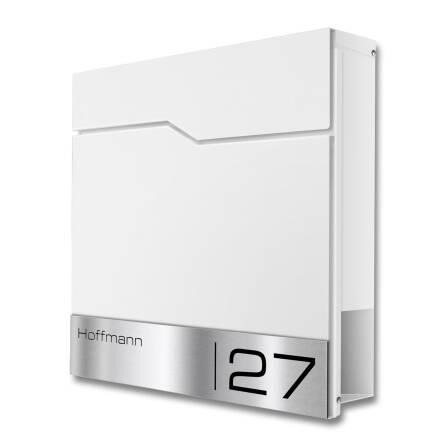 Metzler Standbriefkasten mit Edelstahl-Namensschild und Edelstahl-Ständer | RAL 9016 Verkehrsweiß | Enno