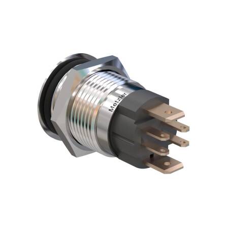 Metzler - Pulsante 16mm - LED Simbolo Power RGB - IP67 IK10 - 15A - Acciaio Inox - Piatto - Contatti a saldare