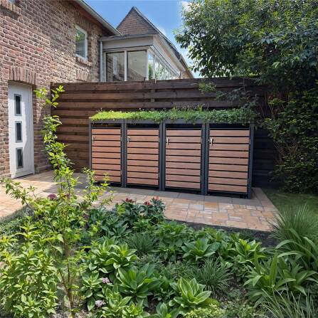 Metzler Mülltonnenbox mit Pflanzdach | 4er | 240l | in Holzoptik | Anthrazit RAL 7016 | aus Stahl | rostfrei & massiv | Türgriff mit Schloss