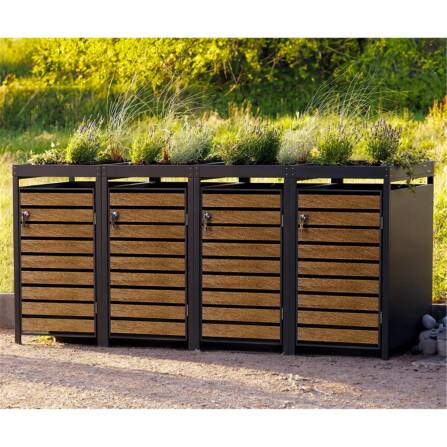 Metzler Mülltonnenbox mit Pflanzdach | 4er | 240l | in Holzoptik | Anthrazit RAL 7016 | aus Stahl | rostfrei & massiv | Türgriff mit Schloss