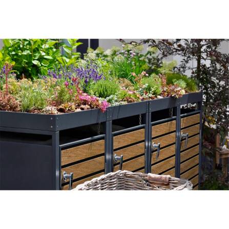 Metzler Mülltonnenbox mit Pflanzdach | 4er | 240l | in Holzoptik | Anthrazit RAL 7016 | aus Stahl | rostfrei & massiv | Türgriff mit Schloss