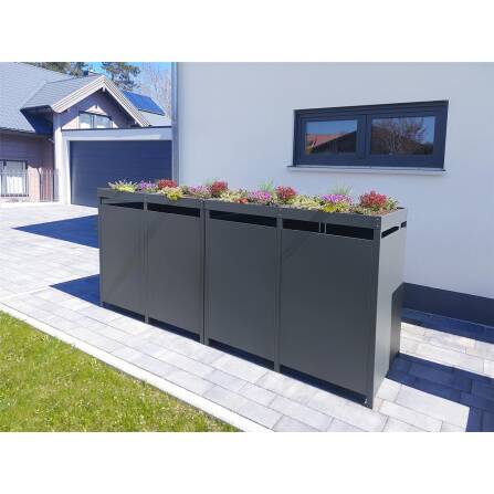 Metzler Mülltonnenbox mit Pflanzdach | 4er | 240l | in Holzoptik | Anthrazit RAL 7016 | aus Stahl | rostfrei & massiv | Türgriff mit Schloss