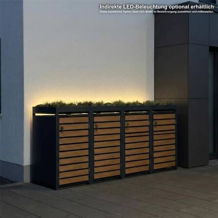 Metzler Mülltonnenbox mit Pflanzdach | 4er | 240l | in Holzoptik | Anthrazit RAL 7016 | aus Stahl | rostfrei & massiv | Türgriff mit Schloss