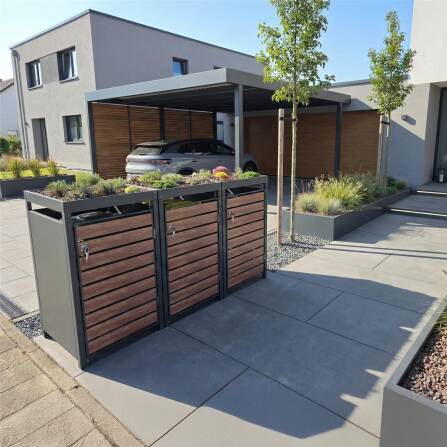 Metzler Mülltonnenbox mit Pflanzdach | 3er | 240l | in Holzoptik | Anthrazit RAL 7016 | aus Stahl | rostfrei & massiv | Türgriff mit Schloss