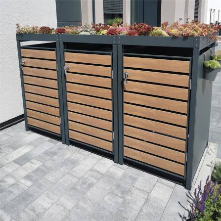 Metzler Mülltonnenbox mit Pflanzdach | 3er | 240l | in Holzoptik | Anthrazit RAL 7016 | aus Stahl | rostfrei & massiv | Türgriff mit Schloss