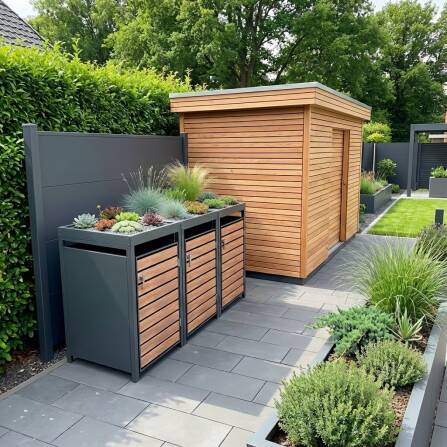 Metzler Mülltonnenbox mit Pflanzdach | 3er | 240l | in Holzoptik | Anthrazit RAL 7016 | aus Stahl | rostfrei & massiv | Türgriff mit Schloss