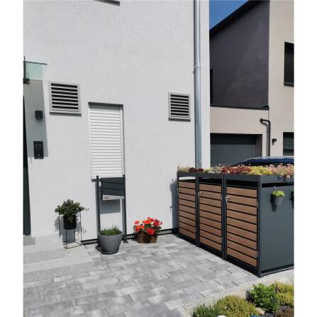 Metzler Mülltonnenbox mit Pflanzdach | 3er | 240l | in Holzoptik | Anthrazit RAL 7016 | aus Stahl | rostfrei & massiv | Türgriff mit Schloss
