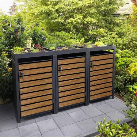 Metzler Mülltonnenbox mit Pflanzdach | 3er | 240l | in Holzoptik | Anthrazit RAL 7016 | aus Stahl | rostfrei & massiv | Türgriff mit Schloss