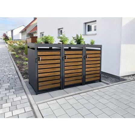 Metzler Mülltonnenbox mit Pflanzdach | 3er | 240l | in Holzoptik | Anthrazit RAL 7016 | aus Stahl | rostfrei & massiv | Türgriff mit Schloss