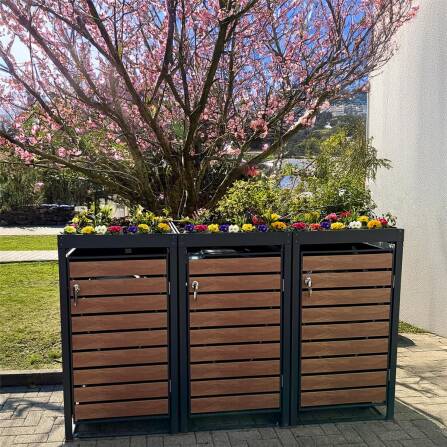 Metzler Mülltonnenbox mit Pflanzdach | 3er | 240l | in Holzoptik | Anthrazit RAL 7016 | aus Stahl | rostfrei & massiv | Türgriff mit Schloss