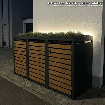 Metzler Mülltonnenbox mit Pflanzdach | 3er | 240l | in Holzoptik | Anthrazit RAL 7016 | aus Stahl | rostfrei & massiv | Türgriff mit Schloss