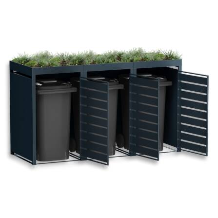Metzler Mülltonnenbox mit Pflanzdach | 3er | 240l | in Holzoptik | Anthrazit RAL 7016 | aus Stahl | rostfrei & massiv | Türgriff mit Schloss