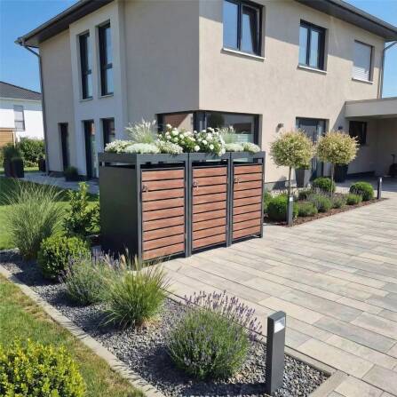 Metzler Mülltonnenbox mit Pflanzdach | 3er | 240l | in Holzoptik | Anthrazit RAL 7016 | aus Stahl | rostfrei & massiv | Türgriff mit Schloss