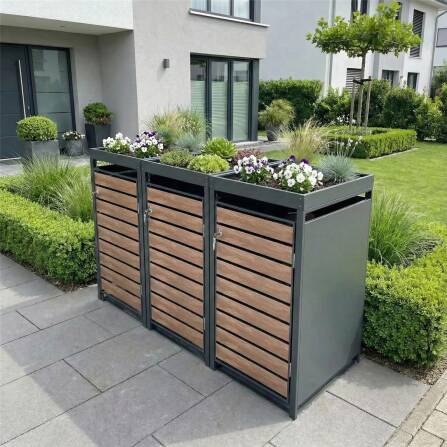 Metzler Mülltonnenbox mit Pflanzdach | 3er | 240l | in Holzoptik | Anthrazit RAL 7016 | aus Stahl | rostfrei & massiv | Türgriff mit Schloss