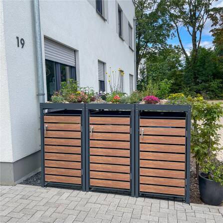 Metzler Mülltonnenbox mit Pflanzdach | 3er | 240l | in Holzoptik | Anthrazit RAL 7016 | aus Stahl | rostfrei & massiv | Türgriff mit Schloss