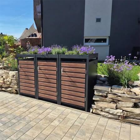 Metzler Mülltonnenbox mit Pflanzdach | 3er | 240l | in Holzoptik | Anthrazit RAL 7016 | aus Stahl | rostfrei & massiv | Türgriff mit Schloss